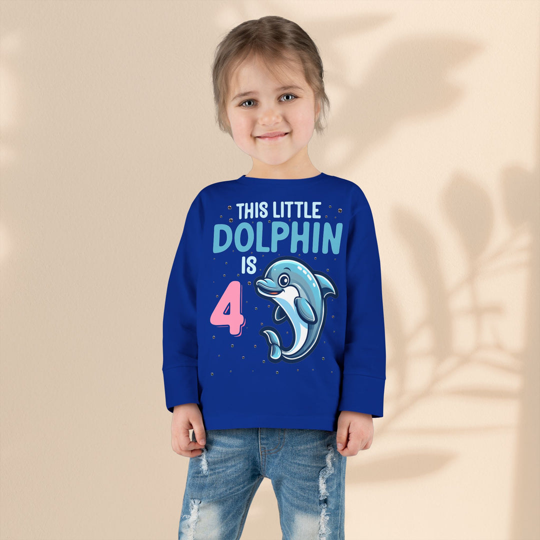Dolphin Birthday Tee for 4-Year-Olds, Cute Dolphin Birthday Tee for Kids, Toddler Long Sleeve, 4th Birthday Gift, Ocean-Themed Shirt