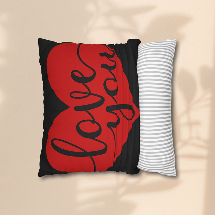 Spun Polyester Square Pillowcase - Black and Red Love You