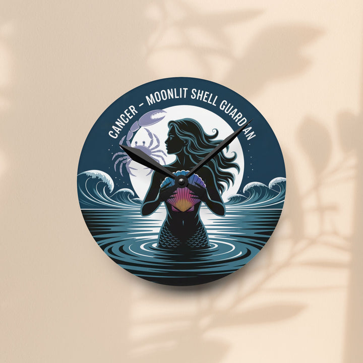 Moonlit Shell Guardian Acrylic Wall Clock — Cancer Zodiac Mermaid Decor