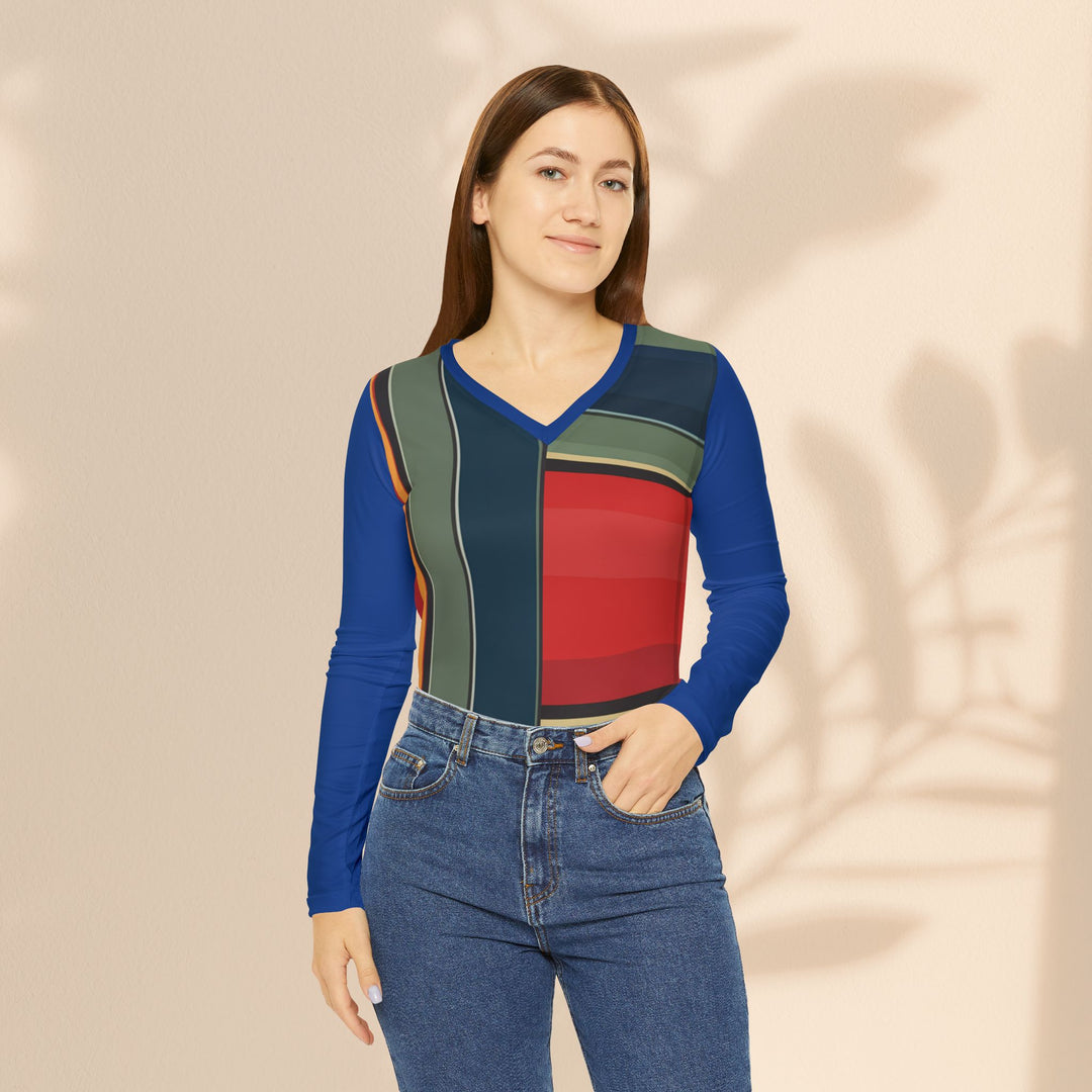 Striped Colorblock V-Neck Long Sleeve Shirt — Women's Stylish Casual Top