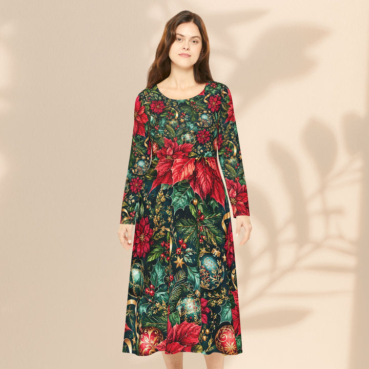 Christmas Poinsettia Midi Dance Dress — Festive Holiday Floral Print