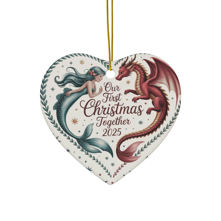 Mermaid & Dragon First Christmas Together 2025 Ceramic Ornament – Fantasy Couple Keepsake