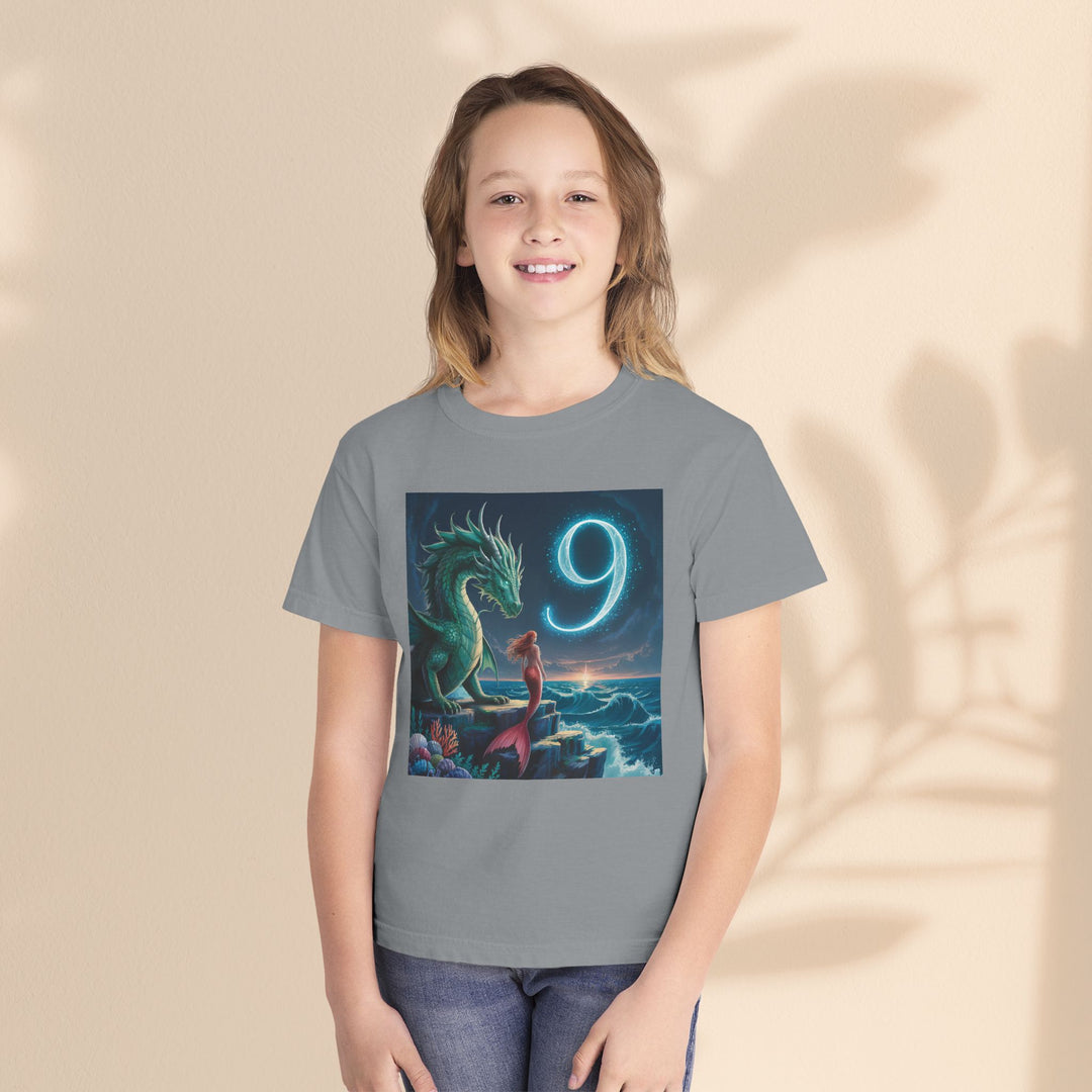 Age 9 Youth Midweight Tee featuring Magical Dragon and Number 9, Kids T-Shirt, Fantasy Apparel, Gift for Young Dreamers, Birthday Celebration Tee