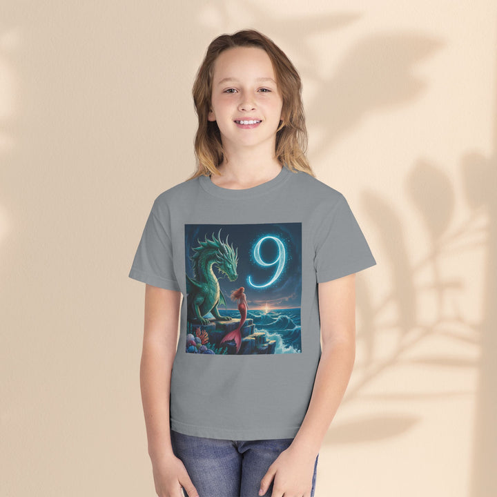 Age 9 Youth Midweight Tee featuring Magical Dragon and Number 9, Kids T-Shirt, Fantasy Apparel, Gift for Young Dreamers, Birthday Celebration Tee
