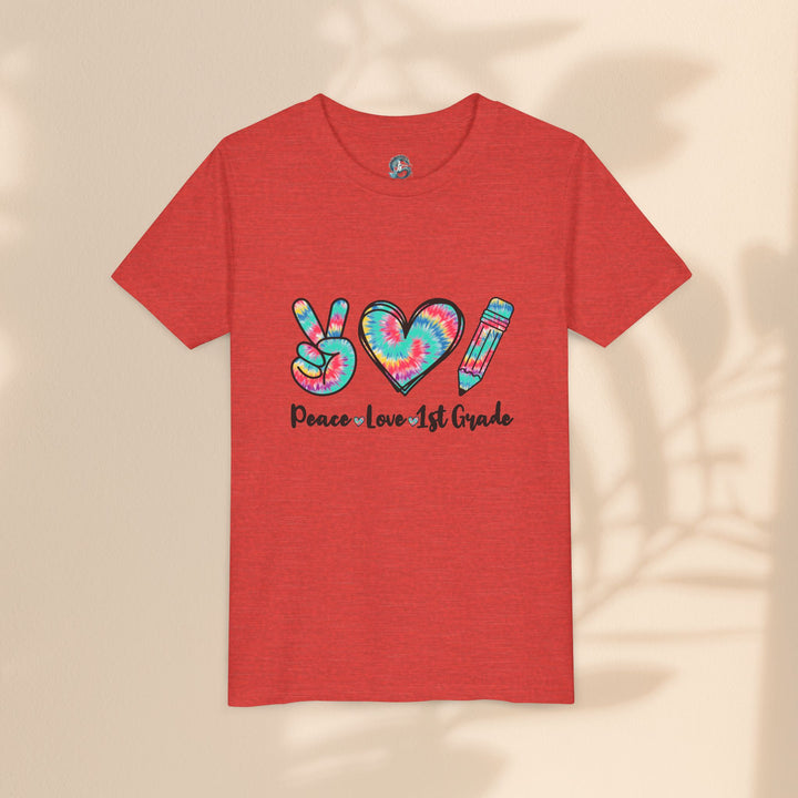 Peace Love 1st Grade Youth Tee, Tie-Dye Kids Shirt, Back to School Outfit, Child's Birthday Gift, Teacher Appreciation Gift