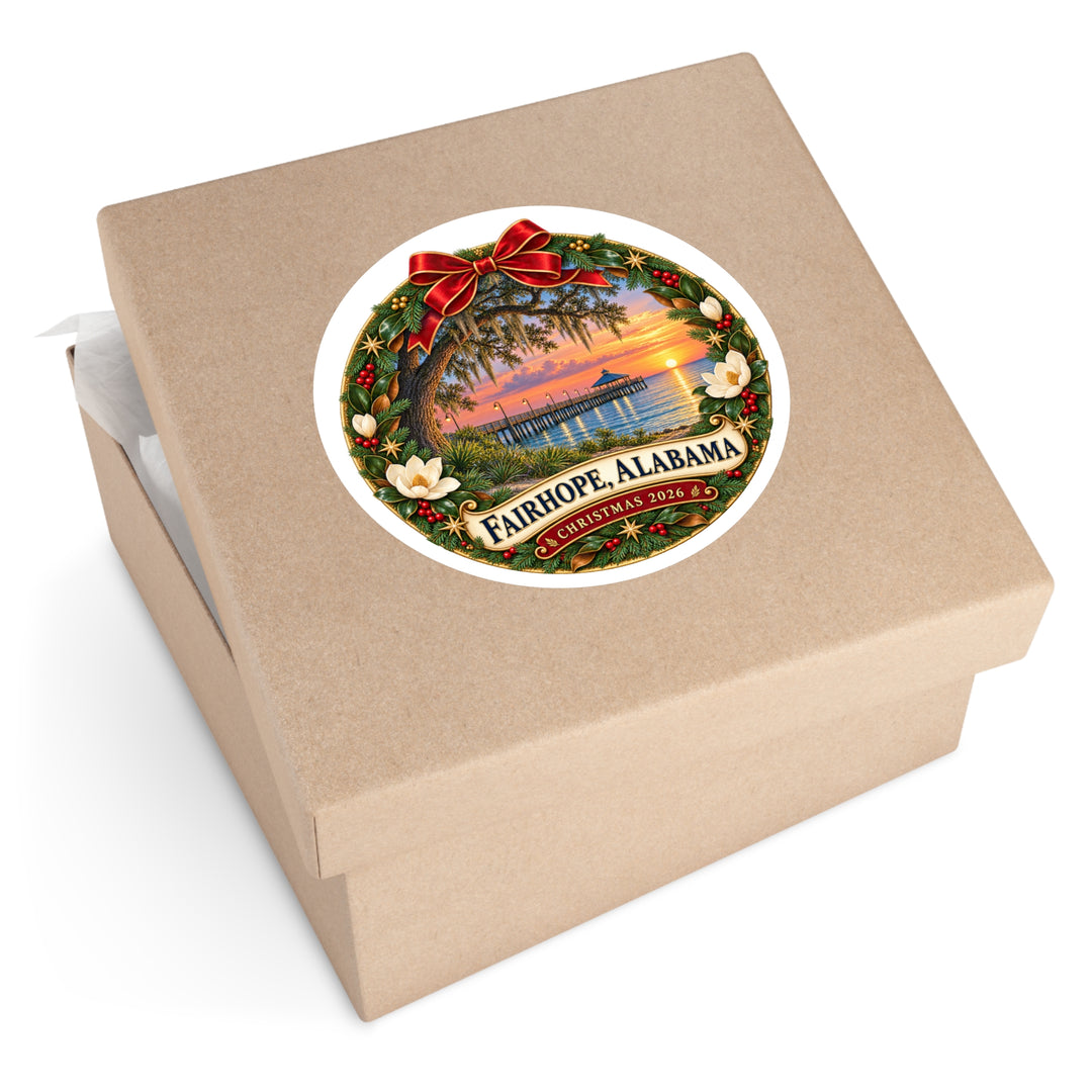 Fairhope Alabama Christmas Wreath Sticker – Holiday Bay Sunset