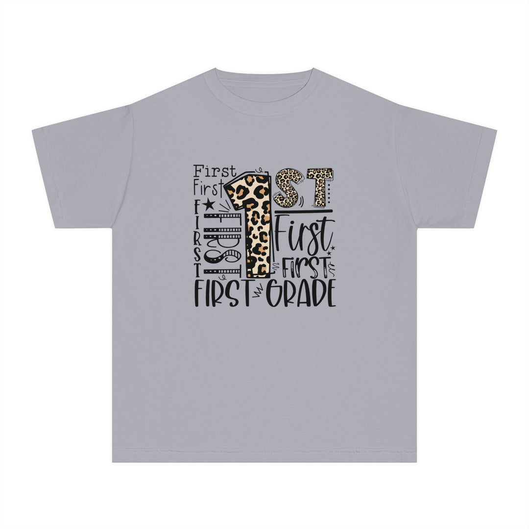 Leopard Print First Grade Youth Tee, Trendy Kids T-Shirt, Back to School Outfit, Gift for First Graders, Fun Learning Apparel