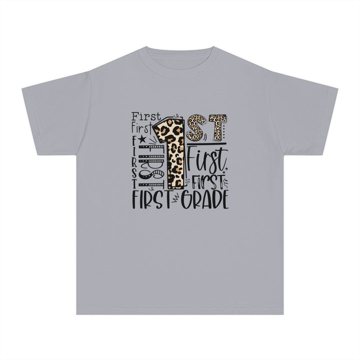 Leopard Print First Grade Youth Tee, Trendy Kids T-Shirt, Back to School Outfit, Gift for First Graders, Fun Learning Apparel