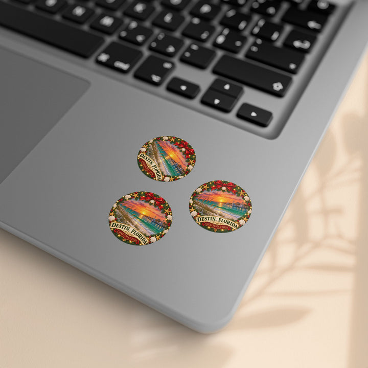 Destin, Florida Christmas Round Sticker Rolls – Holiday Beach Sunset Labels (Pack)