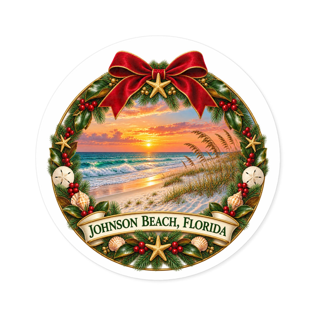Johnson Beach Florida Christmas Sticker – Holiday Wreath Sunset