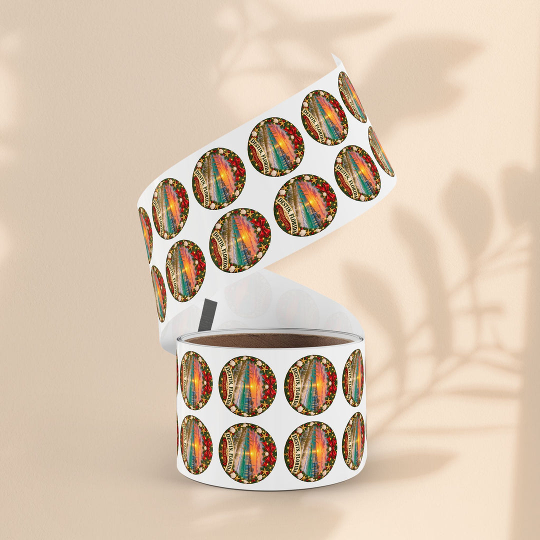Destin, Florida Christmas Round Sticker Rolls – Holiday Beach Sunset Labels (Pack)