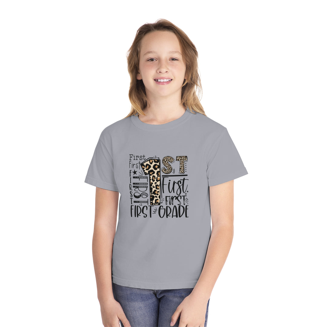 Leopard Print First Grade Youth Tee, Trendy Kids T-Shirt, Back to School Outfit, Gift for First Graders, Fun Learning Apparel