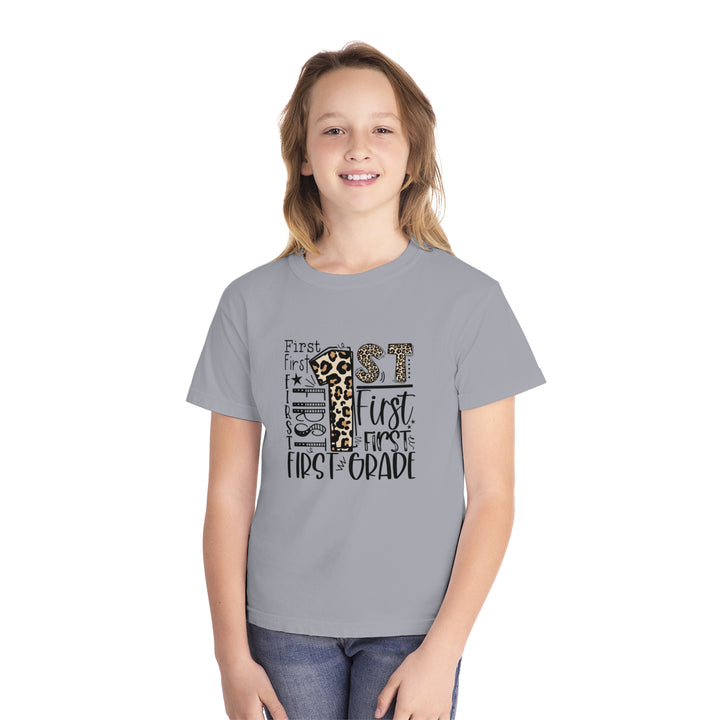 Leopard Print First Grade Youth Tee, Trendy Kids T-Shirt, Back to School Outfit, Gift for First Graders, Fun Learning Apparel