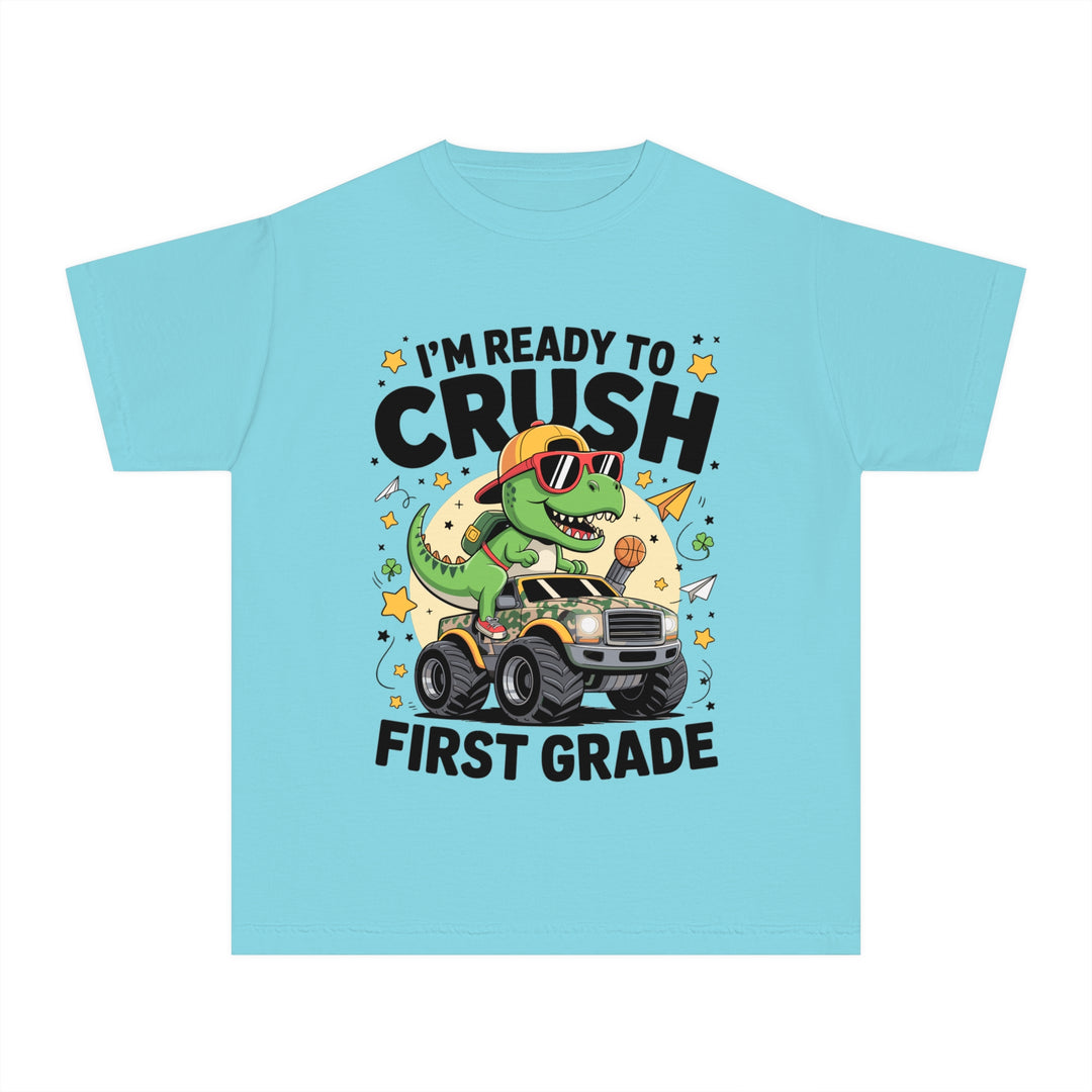 Youth Midweight Tee, Fun Dino T-Shirt, First Grade Shirt, Kids Birthday Gift, Back to School Apparel, Cute Graphic Tee, Dinosaur Print