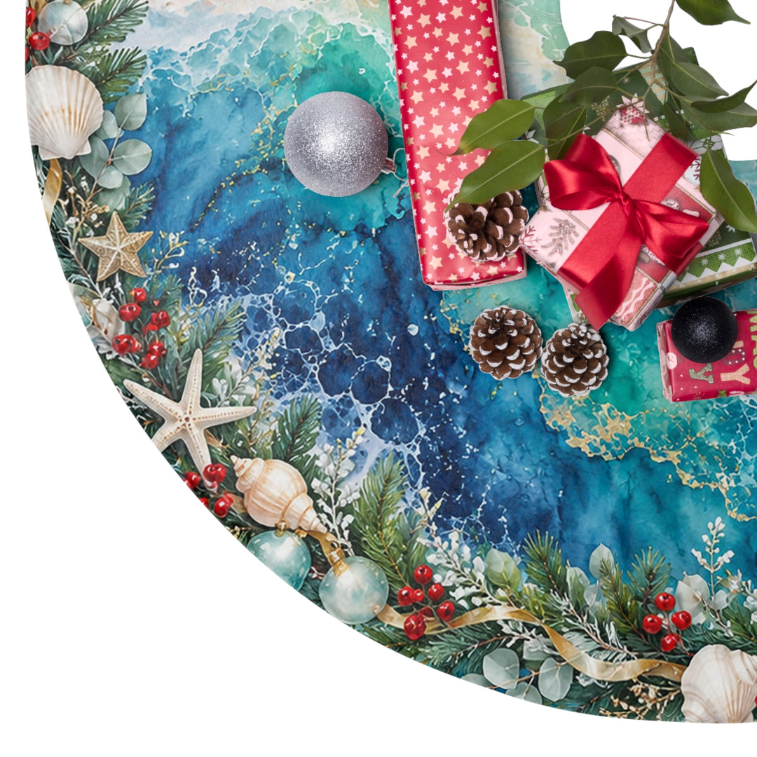 Coastal Christmas Tree Skirt with Ocean Waves, Seashells & Holiday Ornaments