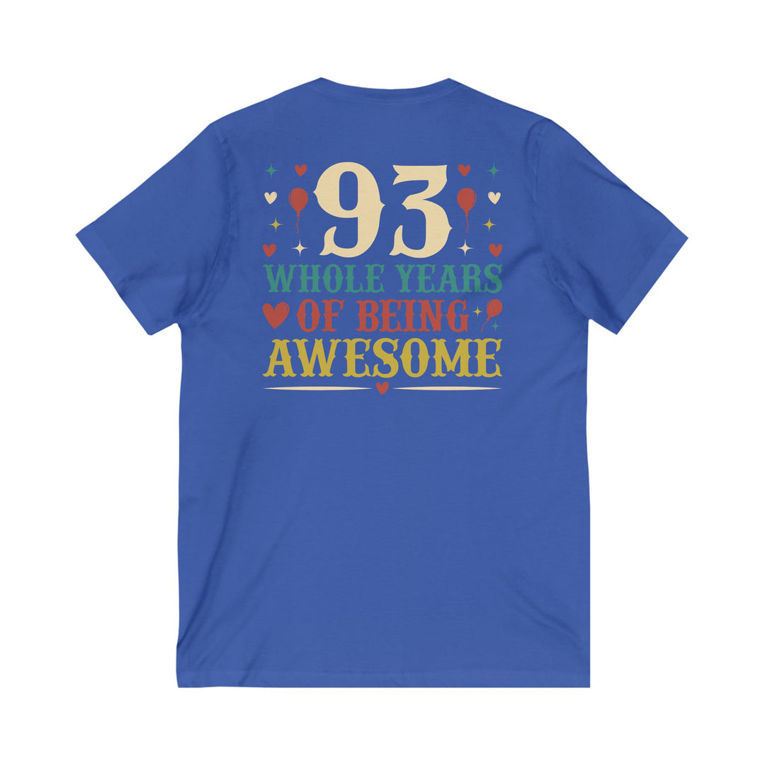 93rd Birthday Celebration Unisex V-Neck Tee, Birthday Gift, Milestone Birthday, Party Apparel, Fun Celebration Shirt