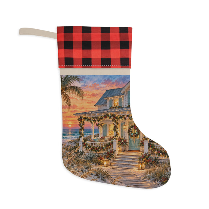 Coastal Christmas Stocking with Red Buffalo Plaid Cuff