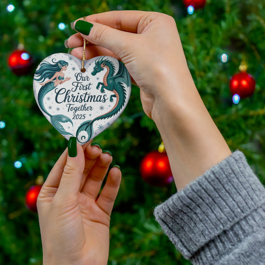 Mermaid Dragon First Christmas Together 2025 – Ceramic Holiday Ornament