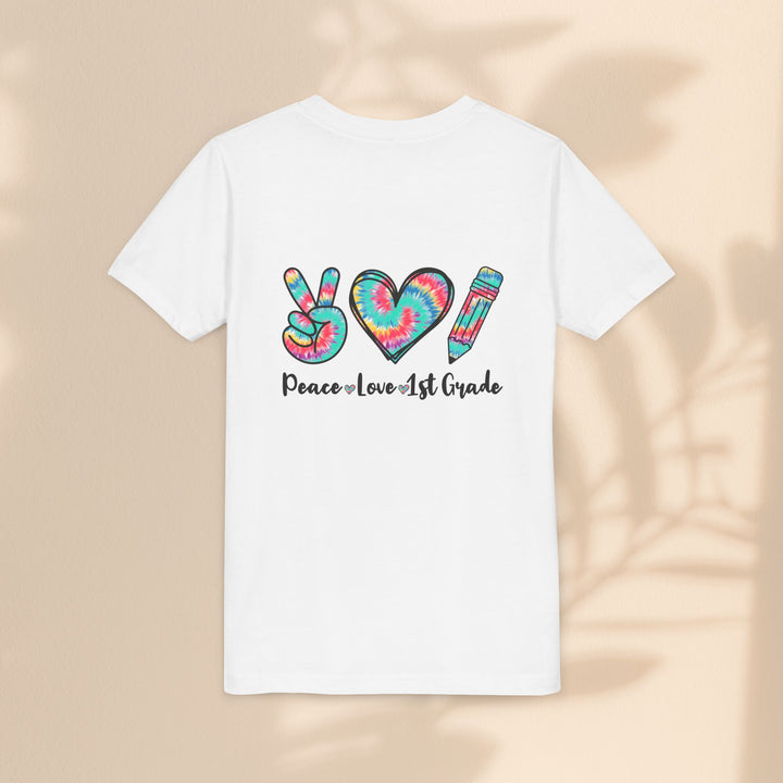 Peace Love 1st Grade Youth Tee, Tie-Dye Kids Shirt, Back to School Outfit, Child's Birthday Gift, Teacher Appreciation Gift