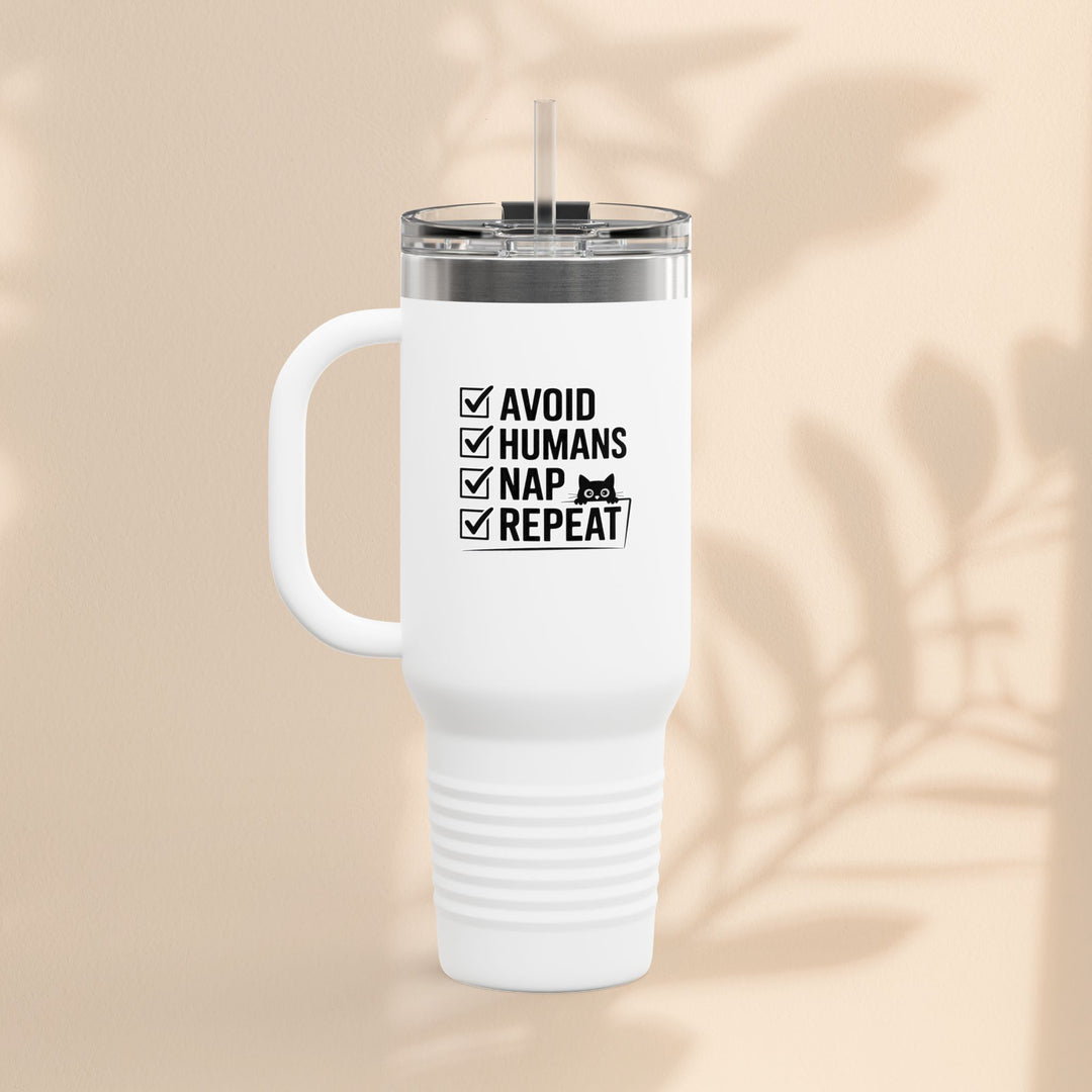 Funny Insulated Travel Mug - Avoid Humans Nap Repeat - 40oz, Coffee Cup, Gift for Introverts, Travel Mug, Holiday Present