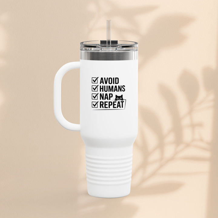 Funny Insulated Travel Mug - Avoid Humans Nap Repeat - 40oz, Coffee Cup, Gift for Introverts, Travel Mug, Holiday Present