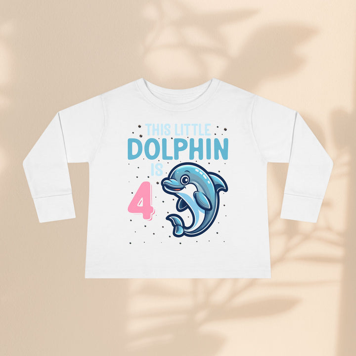 Dolphin Birthday Tee for 4-Year-Olds, Cute Dolphin Birthday Tee for Kids, Toddler Long Sleeve, 4th Birthday Gift, Ocean-Themed Shirt