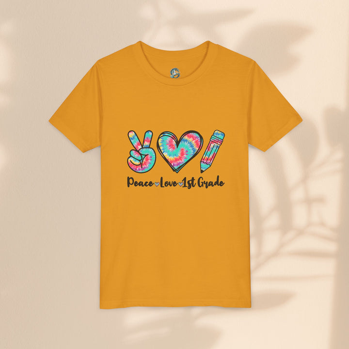 Peace Love 1st Grade Youth Tee, Tie-Dye Kids Shirt, Back to School Outfit, Child's Birthday Gift, Teacher Appreciation Gift