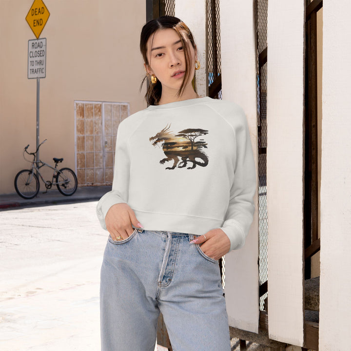 Double Exposure Dragon Sunset Women's Cropped Fleece Pullover - Stylish & Cozy Casual Wear