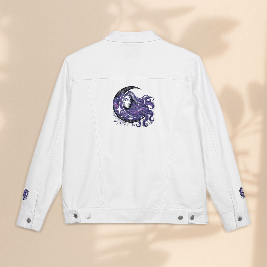 Moon Woman Bohemian Embroidered Denim Jacket – Trendy White Jean Festival Wear & Unique Gift