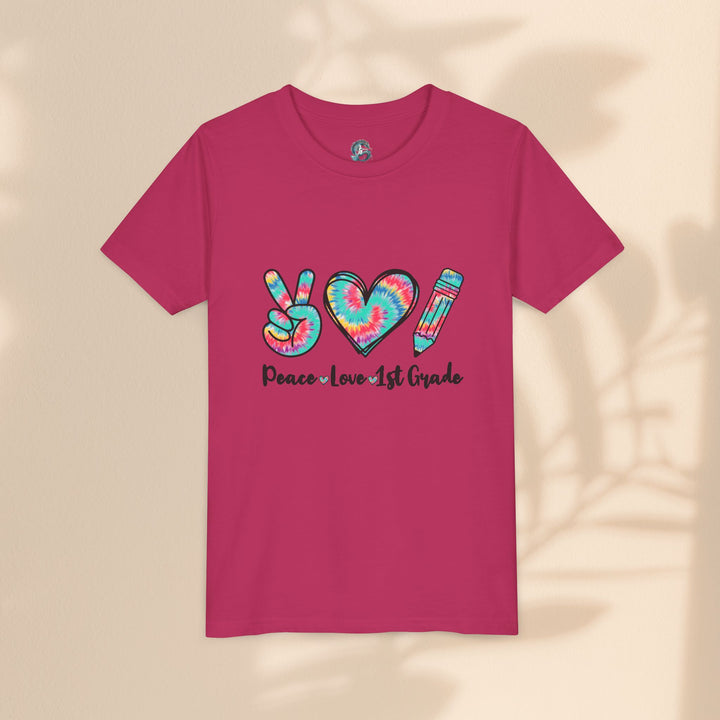 Peace Love 1st Grade Youth Tee, Tie-Dye Kids Shirt, Back to School Outfit, Child's Birthday Gift, Teacher Appreciation Gift