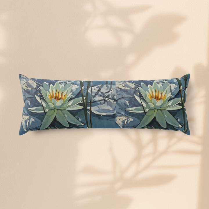 Lotus Watercolor Body Pillow — Serene Blue Floral Lumbar Support