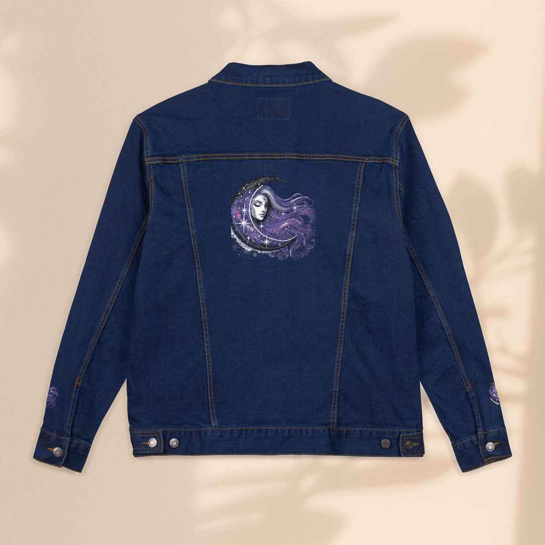 Moon Woman Bohemian Embroidered Denim Jacket – Trendy White Jean Festival Wear & Unique Gift