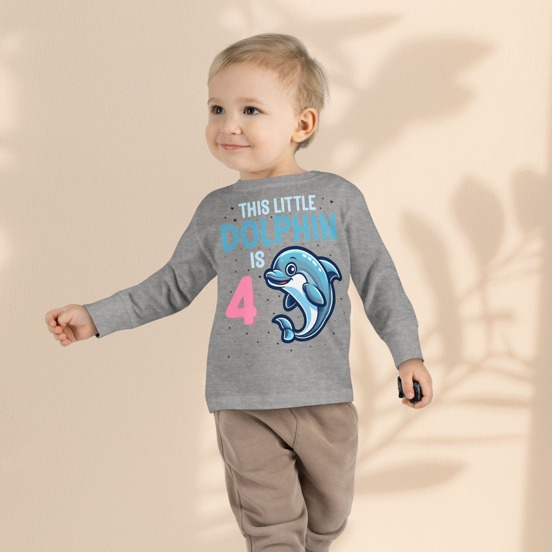 Dolphin Birthday Tee for 4-Year-Olds, Cute Dolphin Birthday Tee for Kids, Toddler Long Sleeve, 4th Birthday Gift, Ocean-Themed Shirt