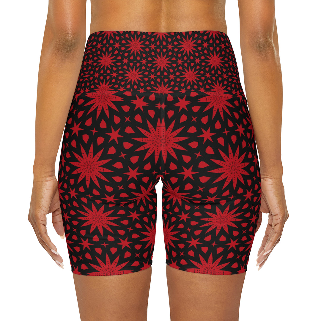 High Waisted Yoga Shorts - Red Spiral Star