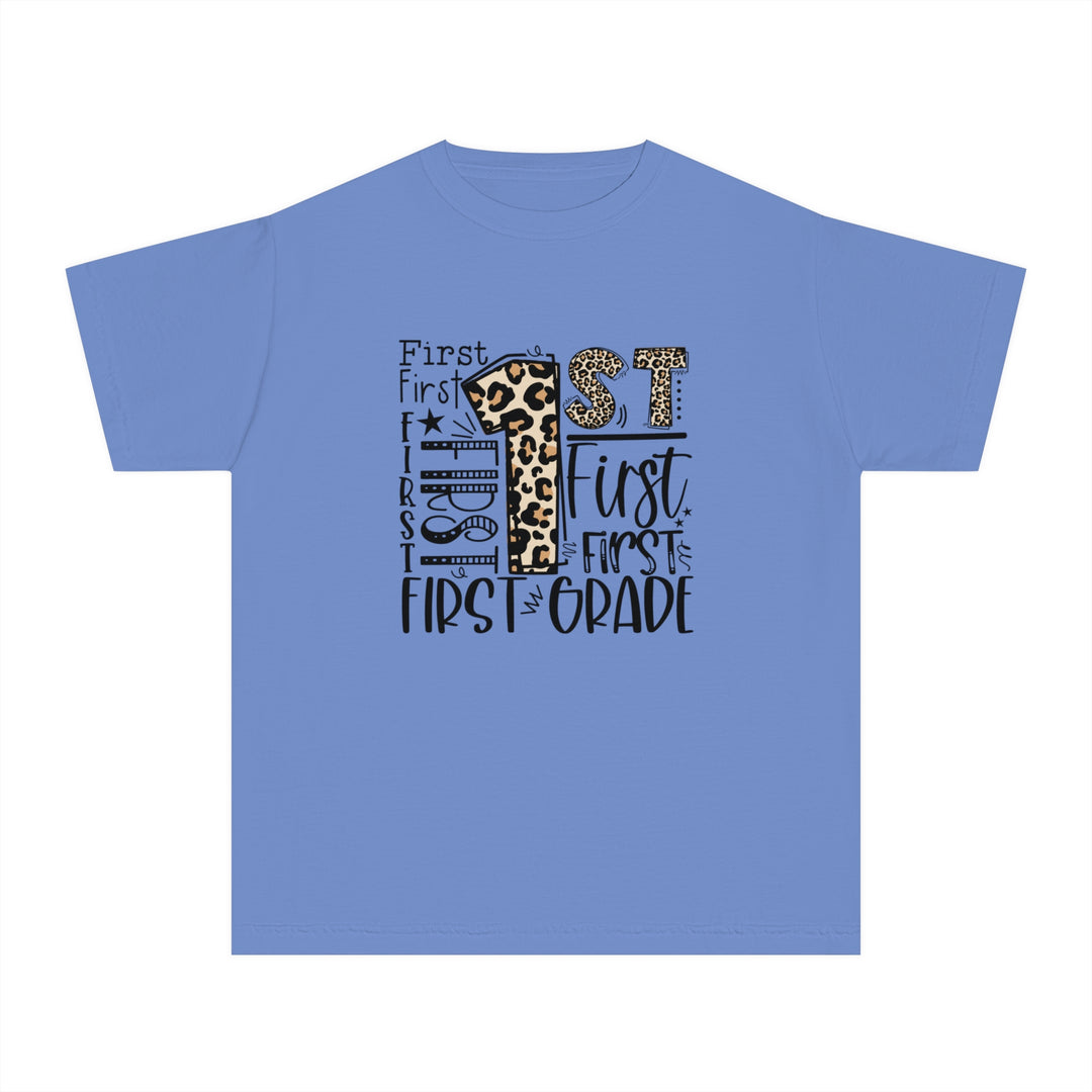 Leopard Print First Grade Youth Tee, Trendy Kids T-Shirt, Back to School Outfit, Gift for First Graders, Fun Learning Apparel