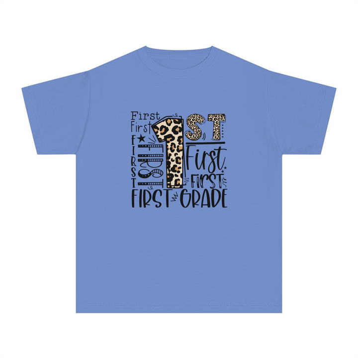 Leopard Print First Grade Youth Tee, Trendy Kids T-Shirt, Back to School Outfit, Gift for First Graders, Fun Learning Apparel