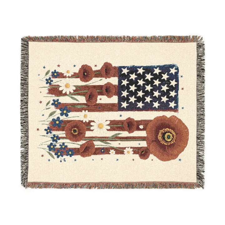 Patriotic Flowers Woven Blanket – Cozy Americana Throw, USA Flag Décor, Independence Day, Memorial Day & Veteran Gift