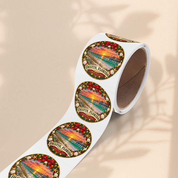Destin, Florida Christmas Round Sticker Rolls – Holiday Beach Sunset Labels (Pack)