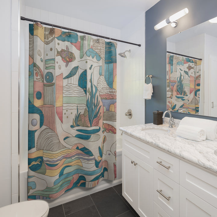 Abstract Coastal Sea Life Shower Curtain