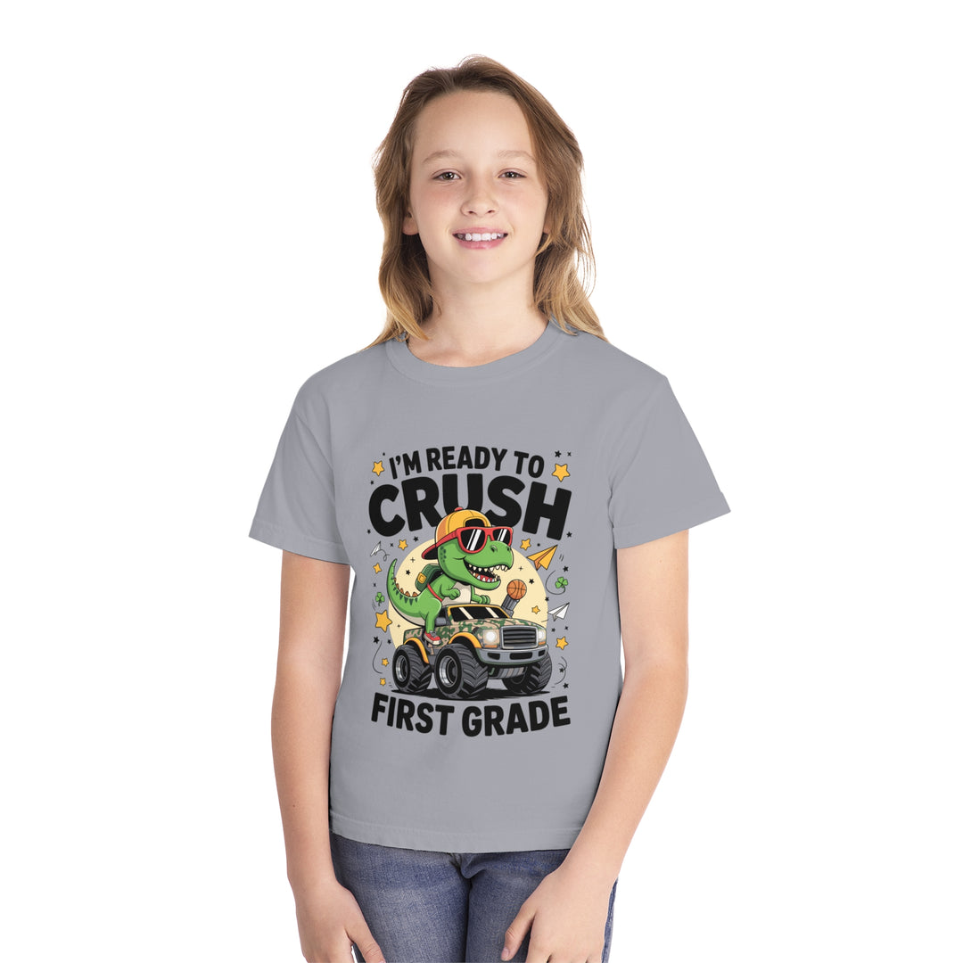 Youth Midweight Tee, Fun Dino T-Shirt, First Grade Shirt, Kids Birthday Gift, Back to School Apparel, Cute Graphic Tee, Dinosaur Print
