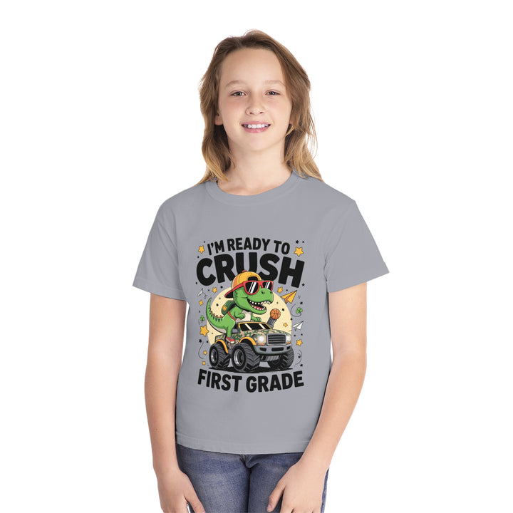 Youth Midweight Tee, Fun Dino T-Shirt, First Grade Shirt, Kids Birthday Gift, Back to School Apparel, Cute Graphic Tee, Dinosaur Print