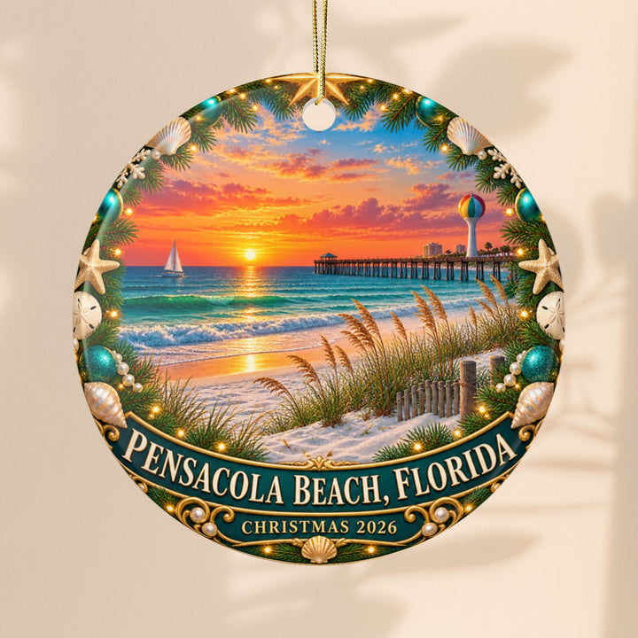 Pensacola Beach Christmas 2026 Double-Sided Ceramic Ornament