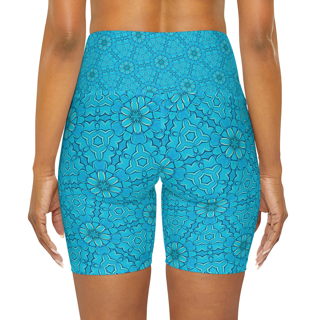 High Waisted Yoga Shorts - Groovy Turquoise