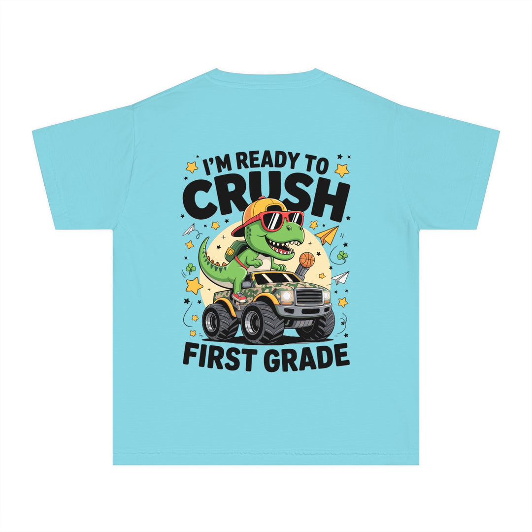Youth Midweight Tee, Fun Dino T-Shirt, First Grade Shirt, Kids Birthday Gift, Back to School Apparel, Cute Graphic Tee, Dinosaur Print