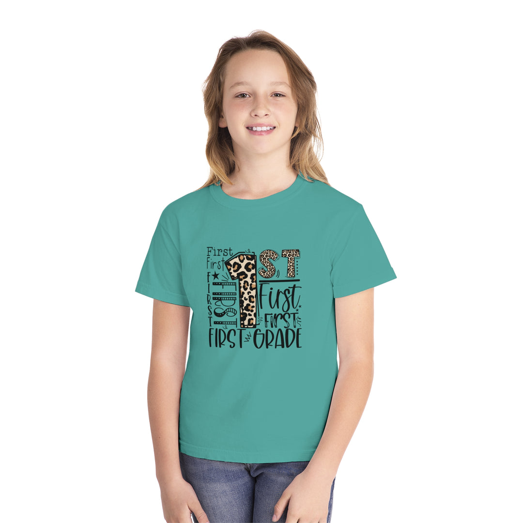 Leopard Print First Grade Youth Tee, Trendy Kids T-Shirt, Back to School Outfit, Gift for First Graders, Fun Learning Apparel