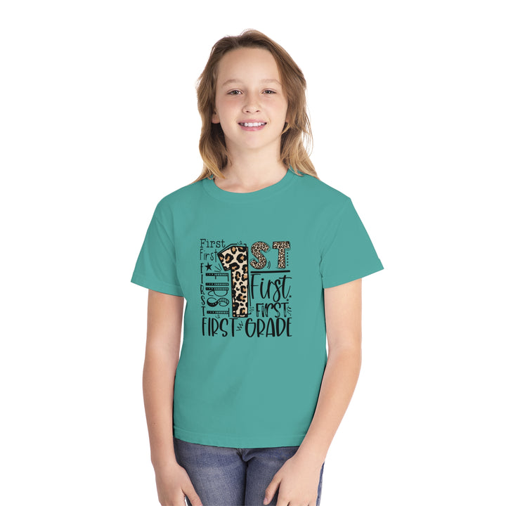 Leopard Print First Grade Youth Tee, Trendy Kids T-Shirt, Back to School Outfit, Gift for First Graders, Fun Learning Apparel