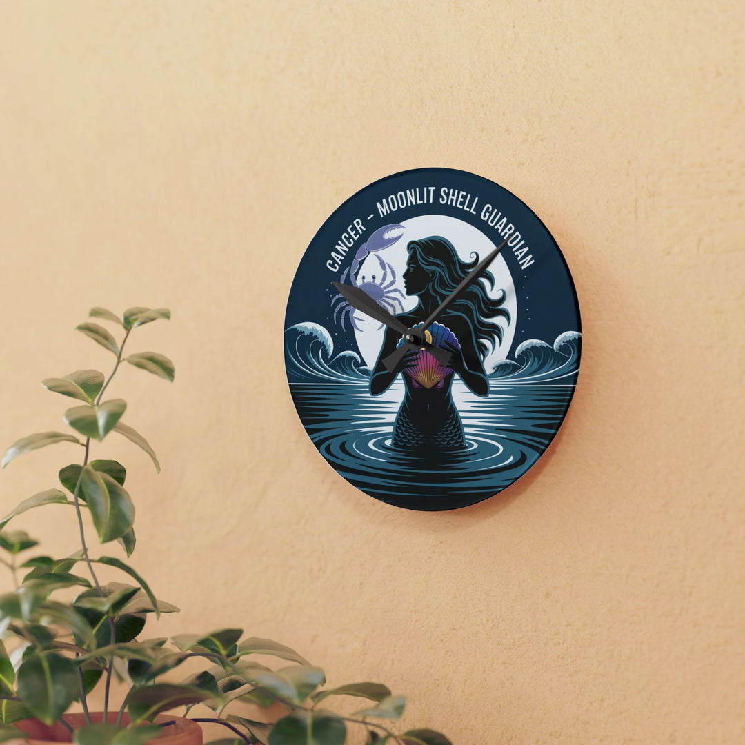 Moonlit Shell Guardian Acrylic Wall Clock — Cancer Zodiac Mermaid Decor