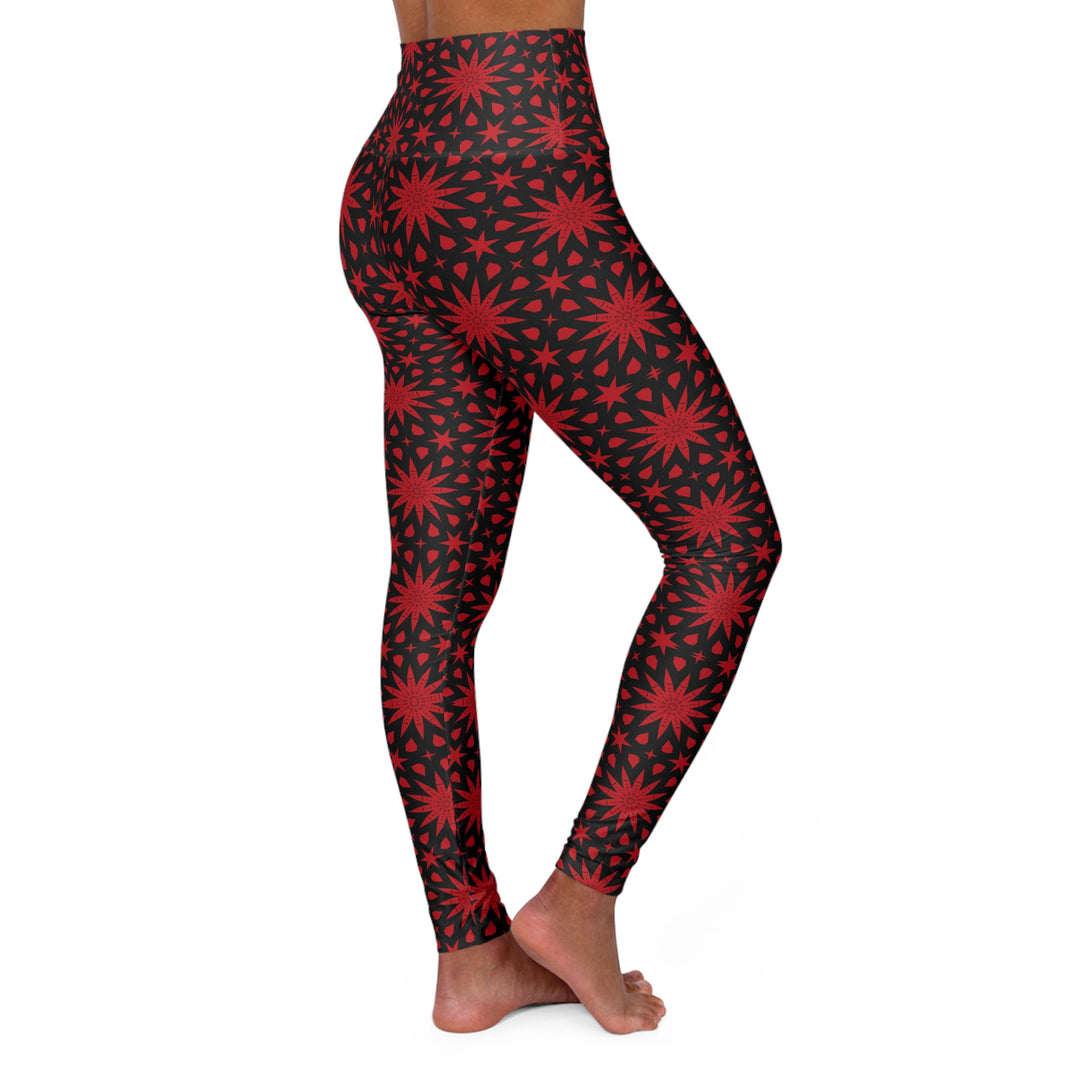 High Waisted Yoga Leggings - Red Spiral Stars