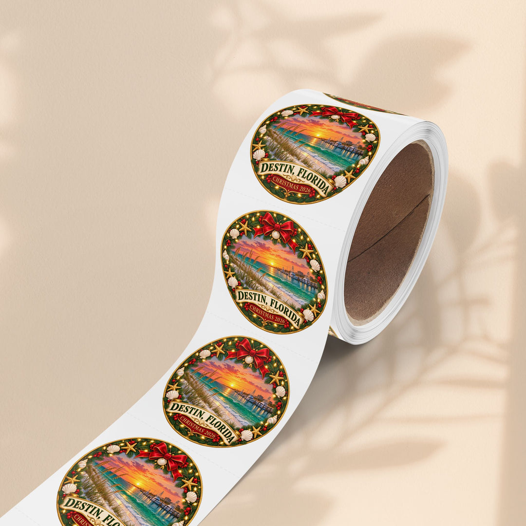 Destin, Florida Christmas Round Sticker Rolls – Holiday Beach Sunset Labels (Pack)