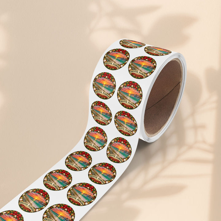 Destin, Florida Christmas Round Sticker Rolls – Holiday Beach Sunset Labels (Pack)